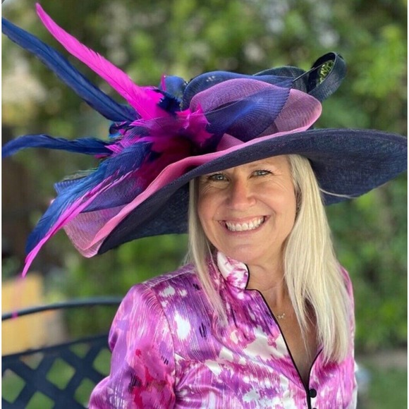 Women’s Kentucky derby tea Party Wide Brim Navy pink Flowers Feathers Hat - Picture 5 of 11